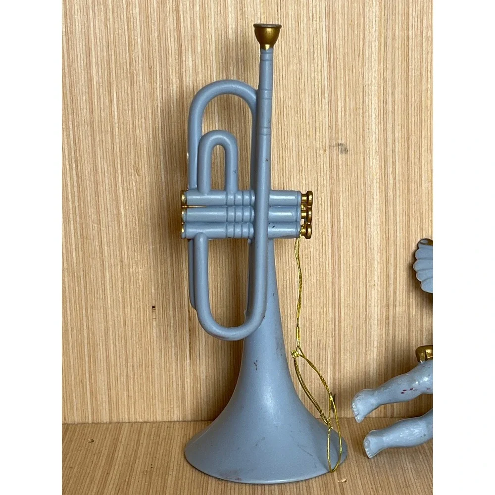 Vintage Light Blue Cherub and Trumpet Musical Christmas Ornaments Gold Accents